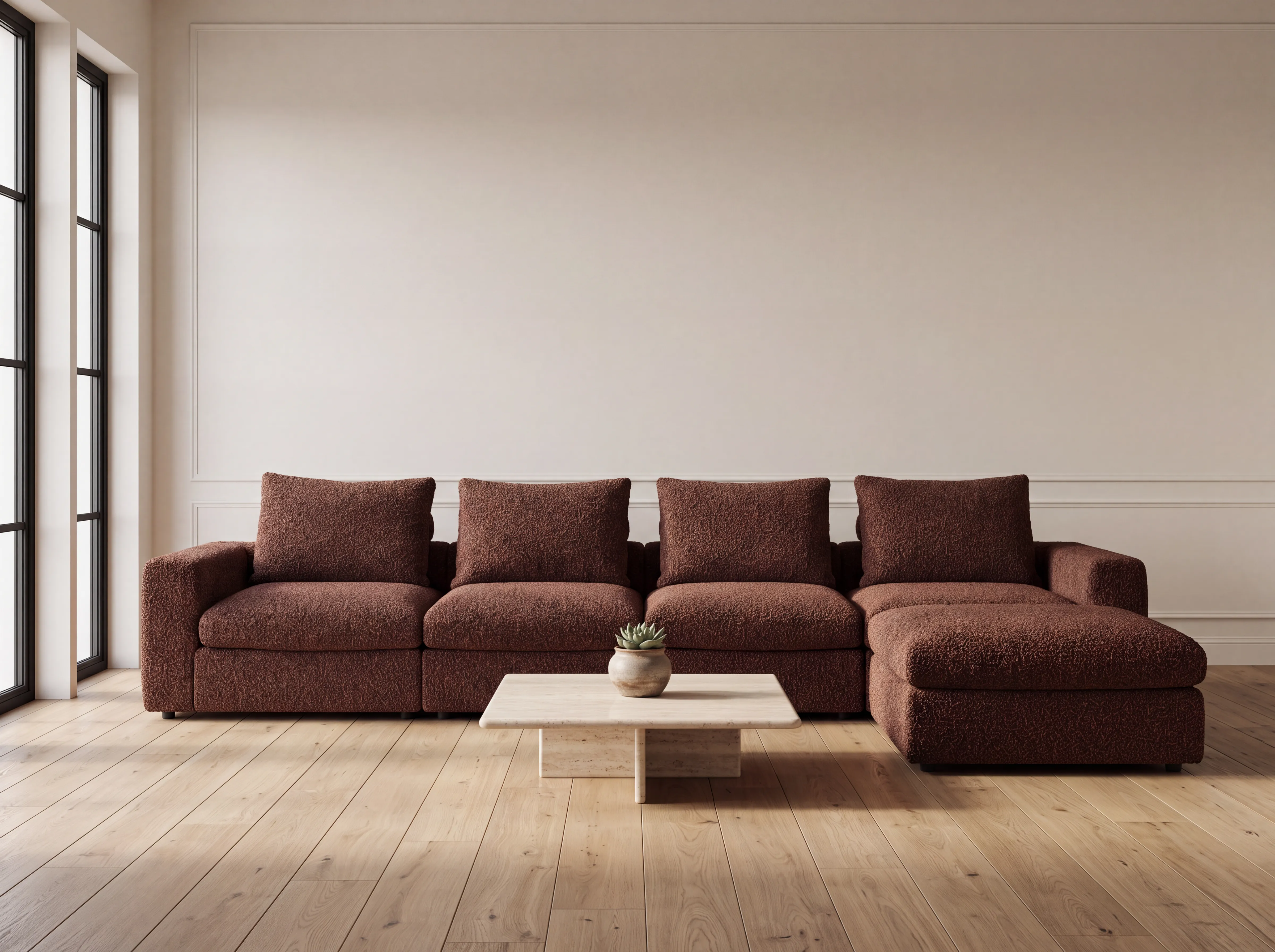 A BELANDA modular sofa with chaise in rust-brown boucle, against a panelled wall on a light oak floor, with a travertine coffee table in front