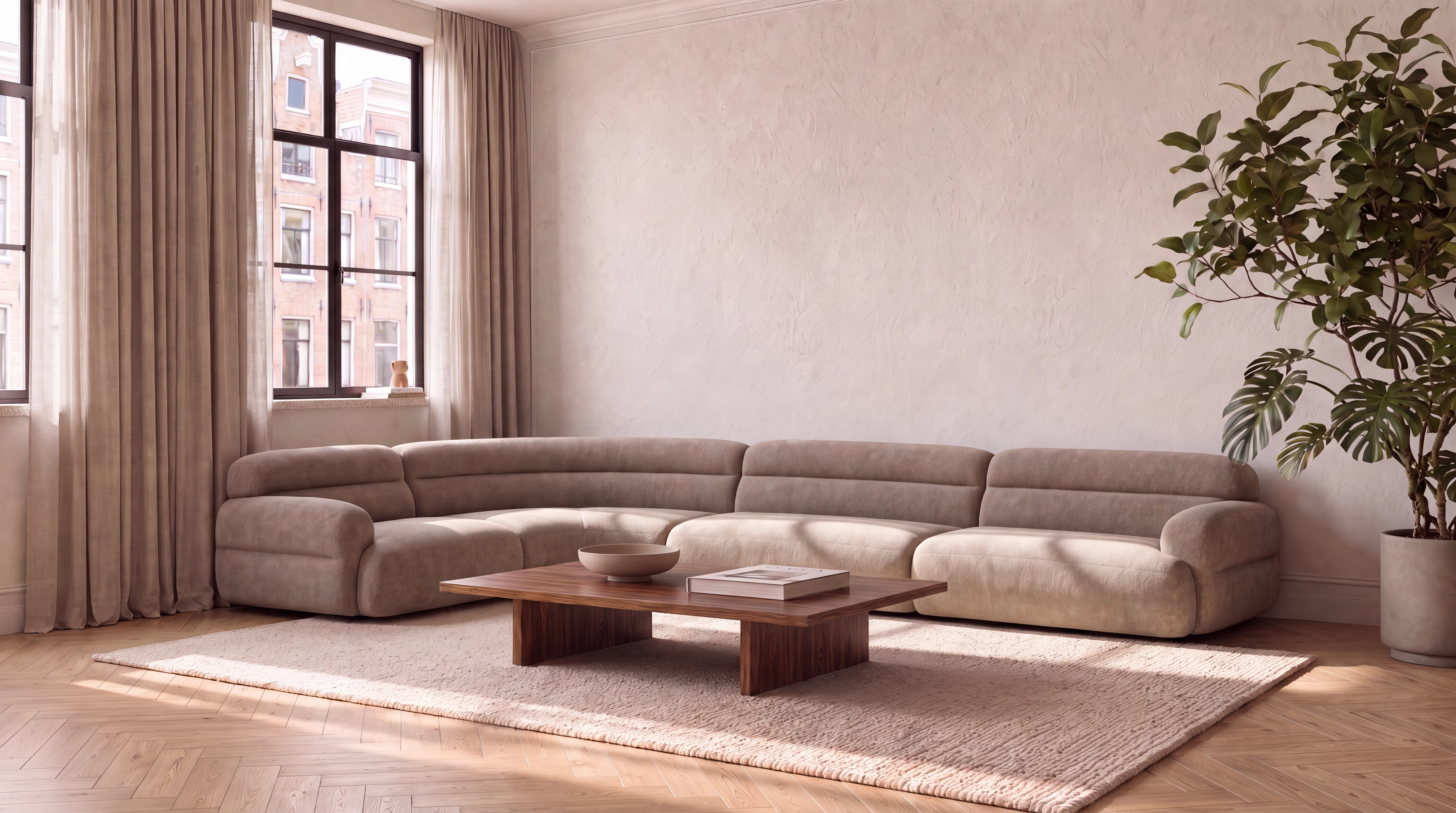 A large BELANDA modular corner sofa in sand-coloured upholstery, in a sunlit apartment with herringbone floor and a walnut coffee table