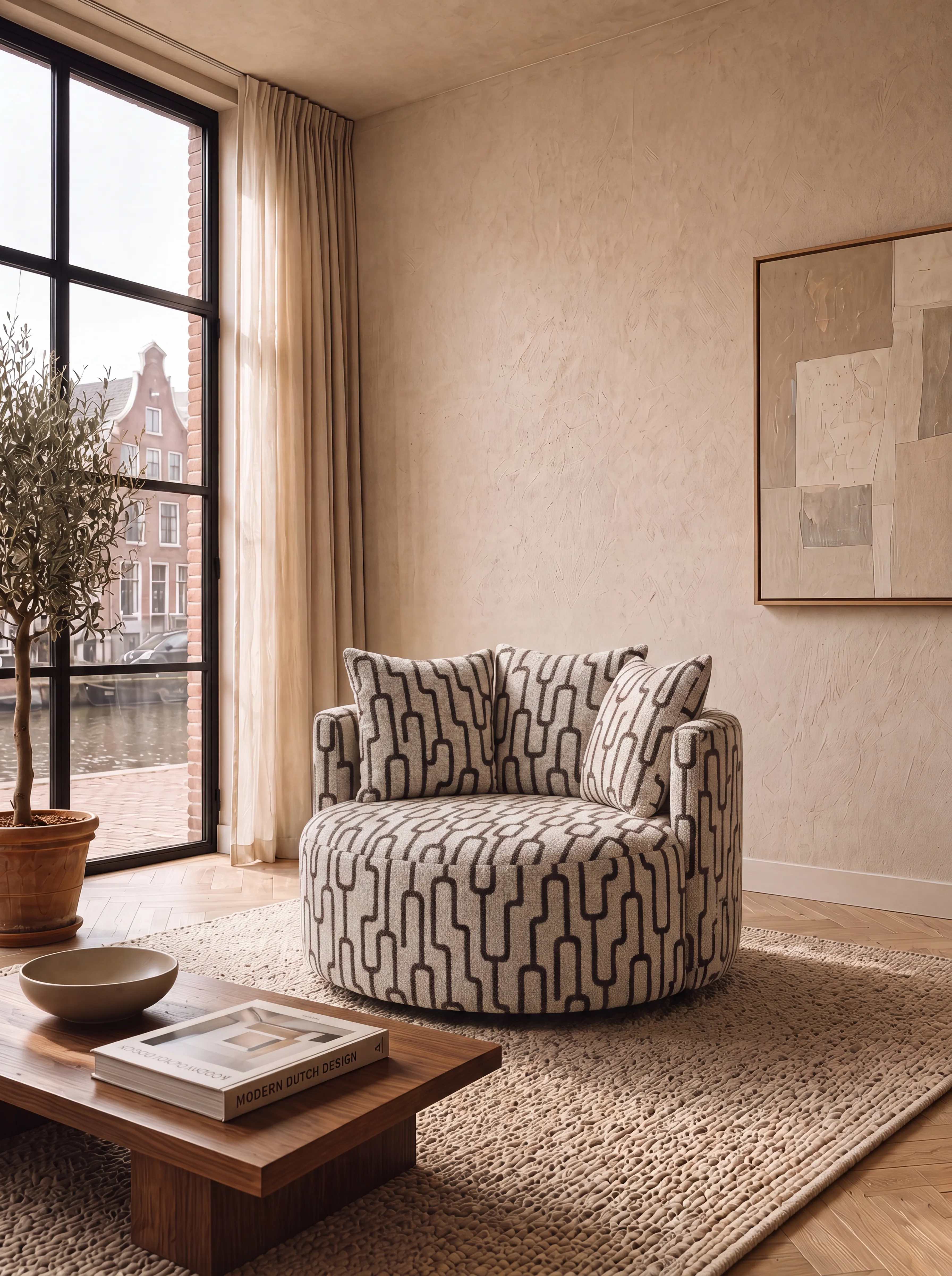 A round BELANDA swivel armchair in patterned boucle, beside a tall window looking onto an Amsterdam canal