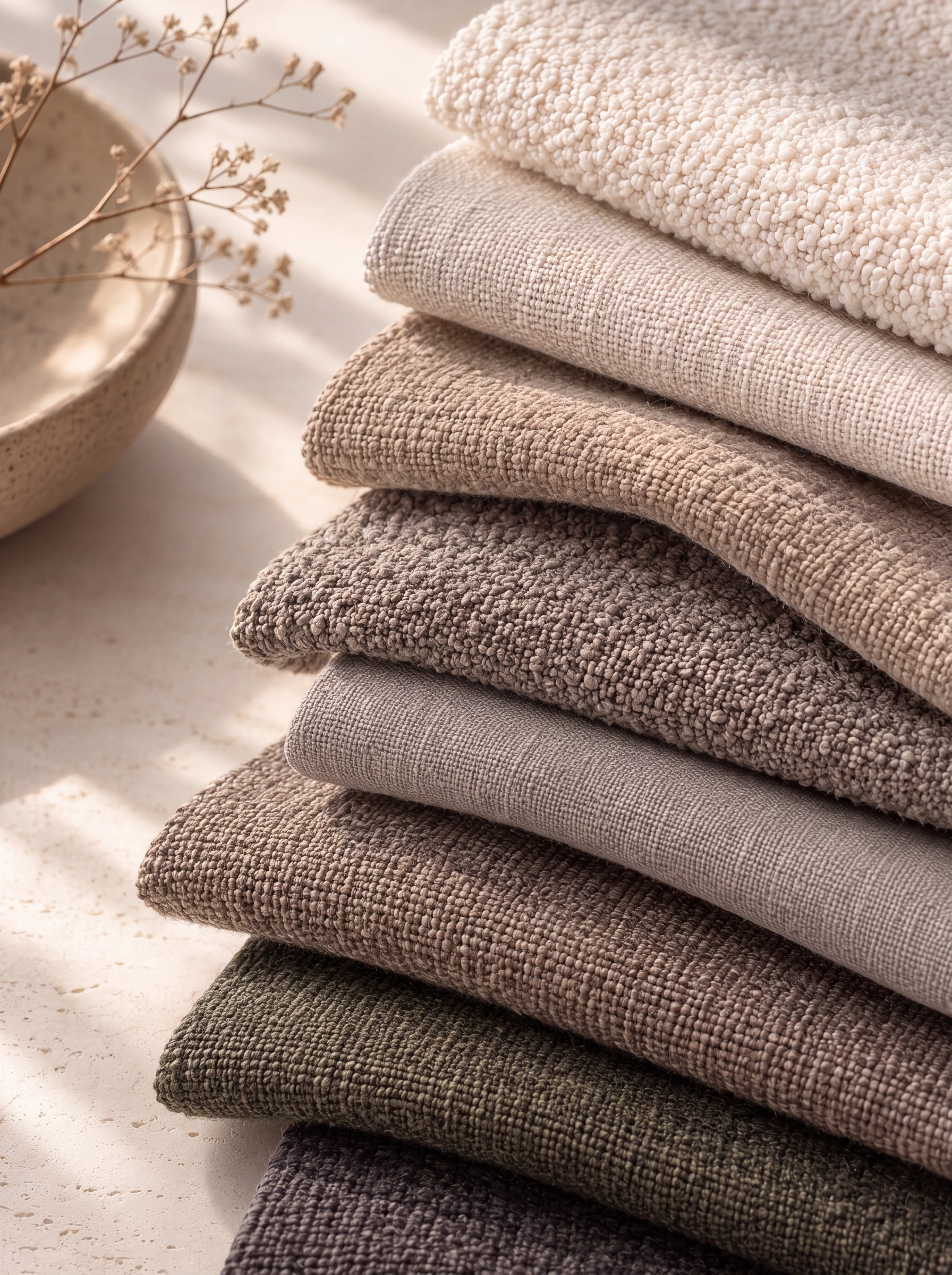 A stack of folded upholstery fabric swatches in cream, oat, taupe, olive and charcoal, lit by soft daylight