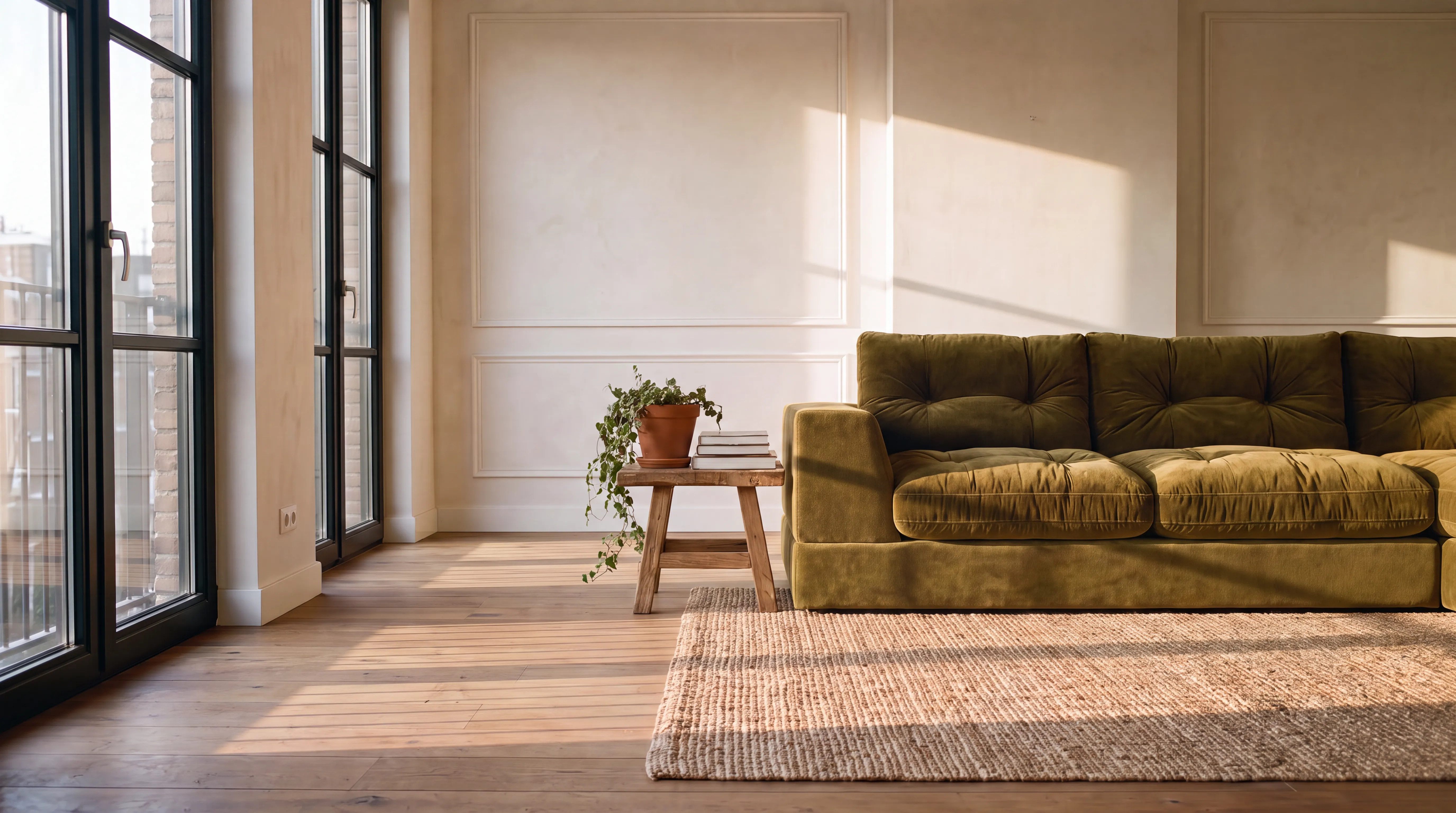 Sunlit living room with an olive green BELANDA modular sofa and a jute rug