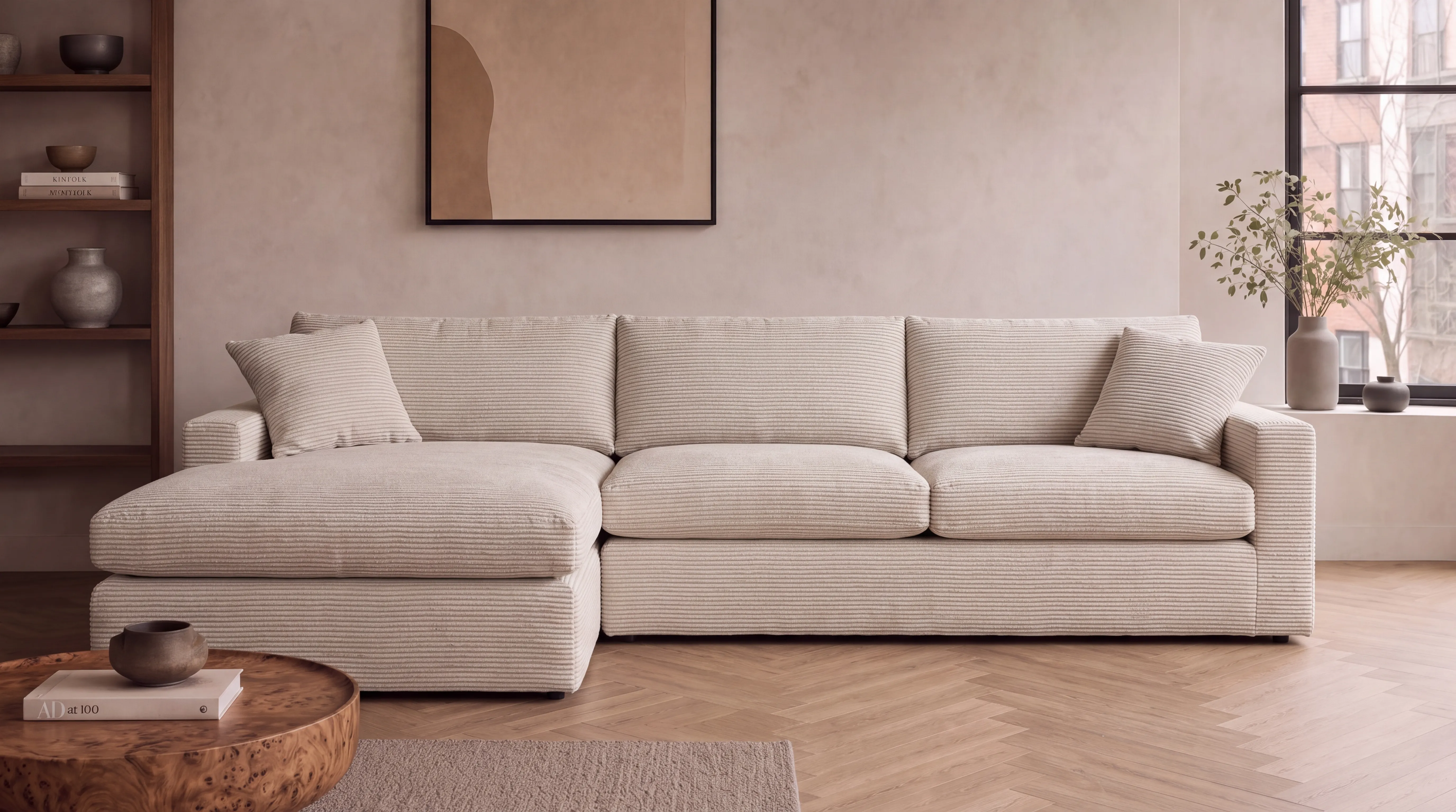 Cream corduroy modular sofa with a chaise