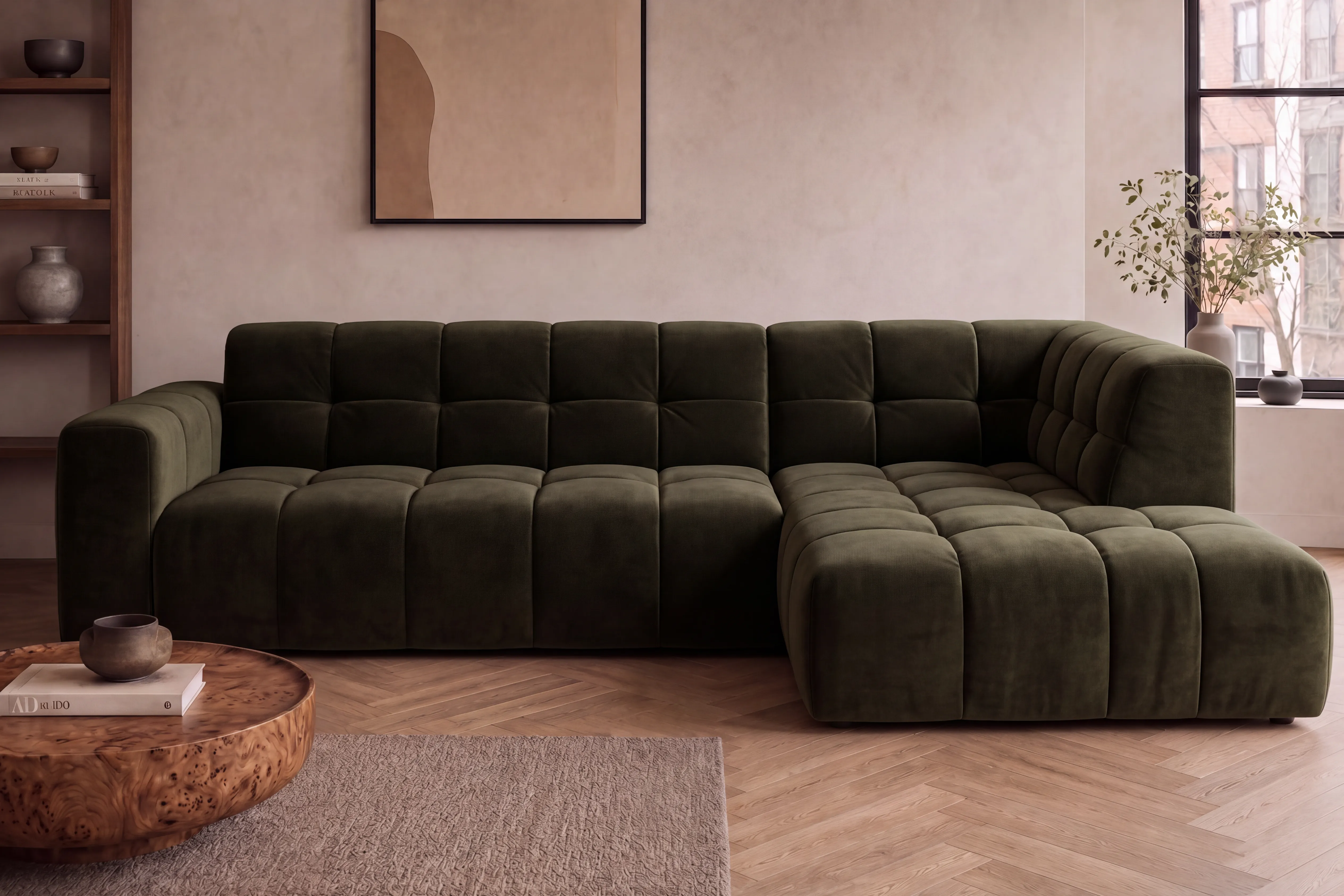 Dark green modular sofa in a bright room