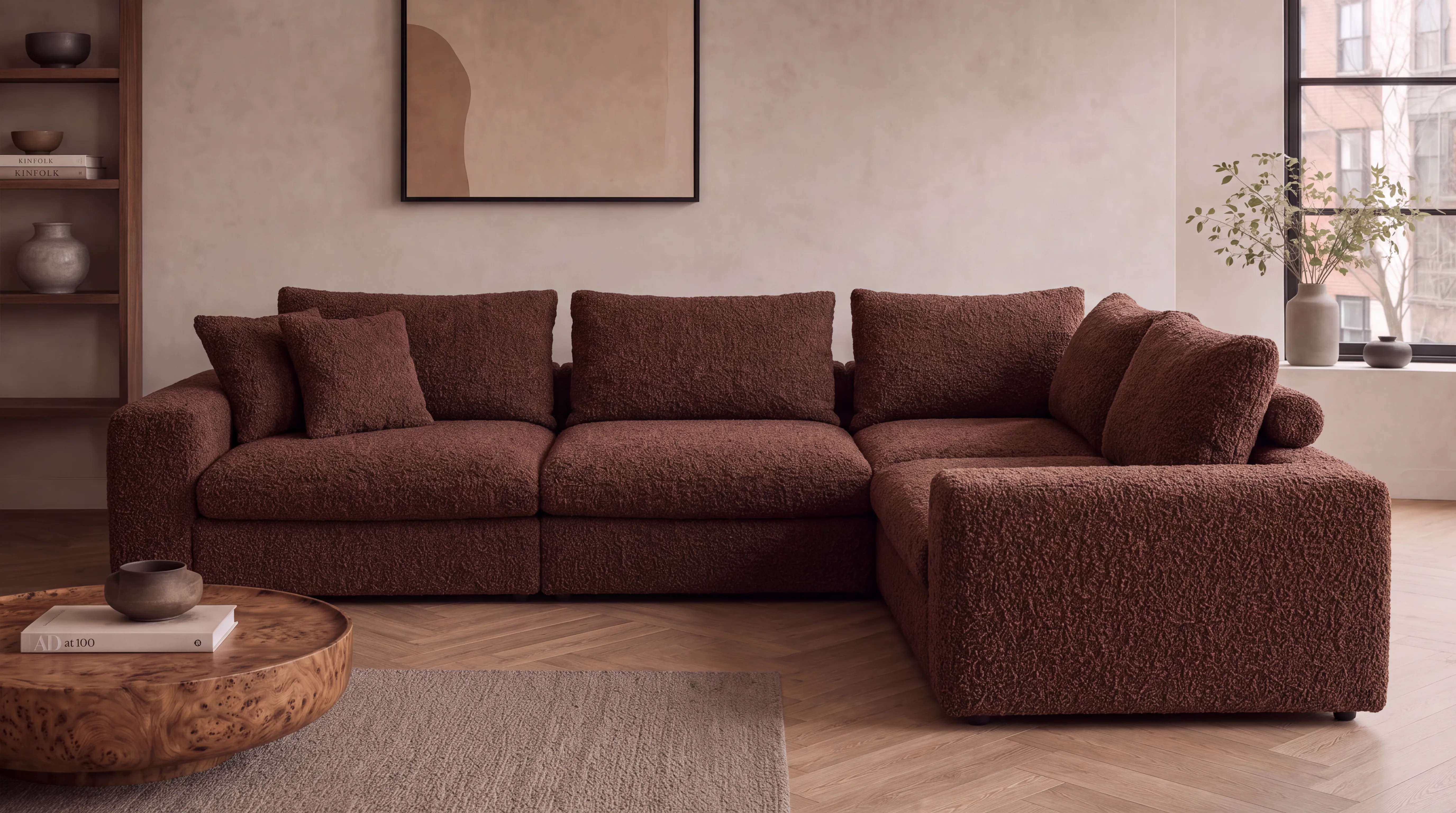 Chocolate brown boucle corner sofa in a bright room