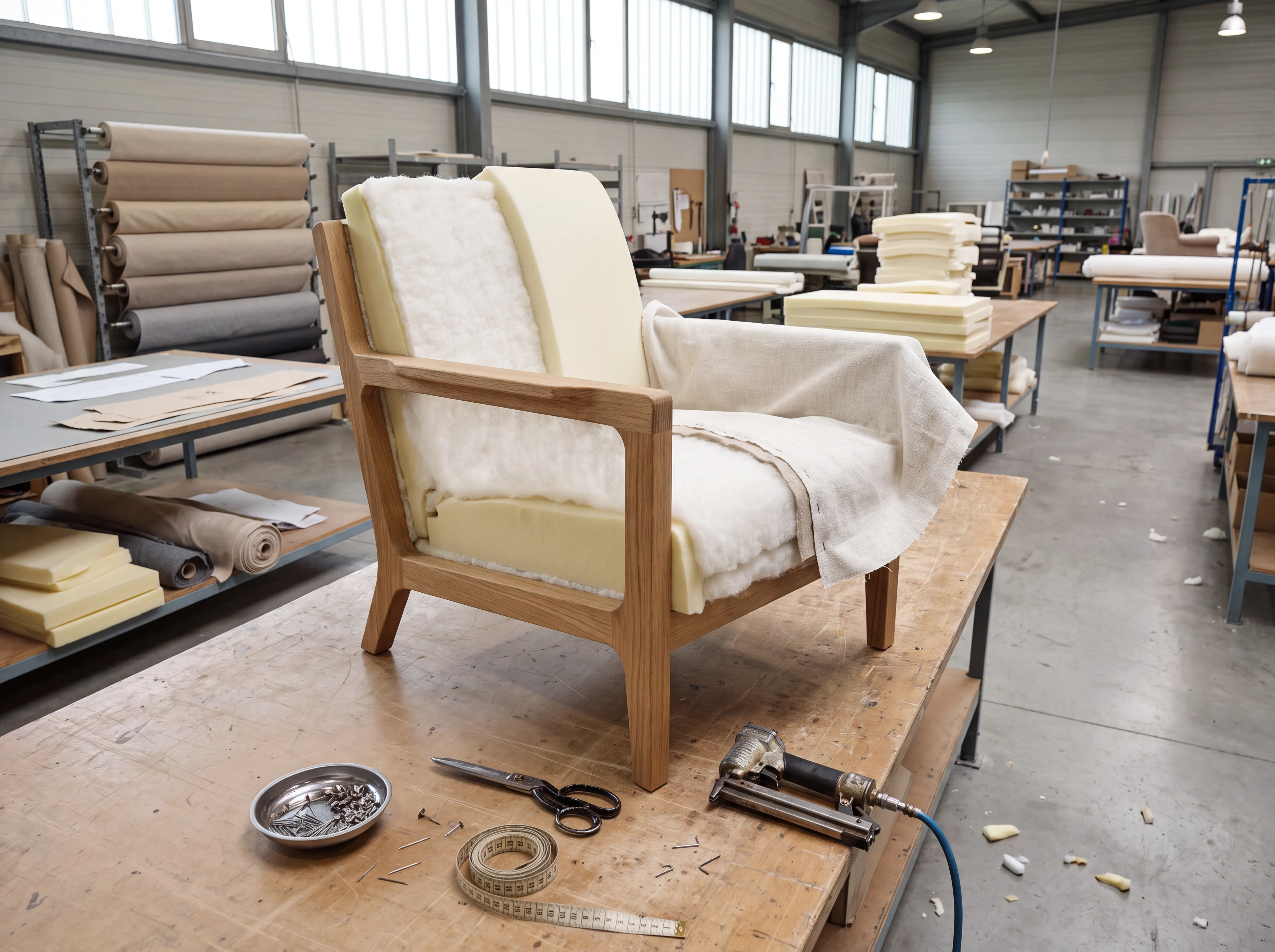 An oak armchair frame being upholstered on a workbench in a BELANDA factory in Poland